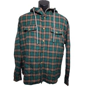 Zaful Hooded Plaid Jacket Mens Size Large Sherpa Lined Snap Closure Green Brown
